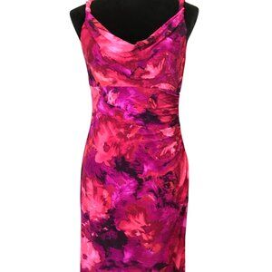 American Living Dress Drape Neck Ruched Side, Red Purple Large Floral, Size 6